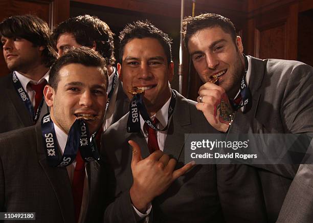 Danny Care , Shontayne Hape and Matt Banahan of England celebrate winning the RBS 6 Nations following the RBS Six Nations Championship match between...