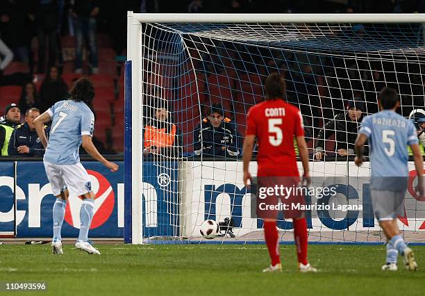 Edinson Cavani of Napoli scores the opening goal from a penalty during the Serie A match between SSC Napoli and Cagliari Calcio at Stadio San Paolo...
