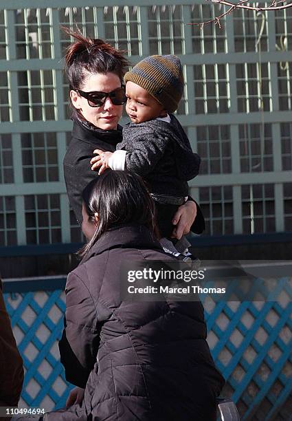 Actress Sandra Bullock and son Louis Bullock are seen on the streets of Manhattan on March 20, 2011 in New York City.