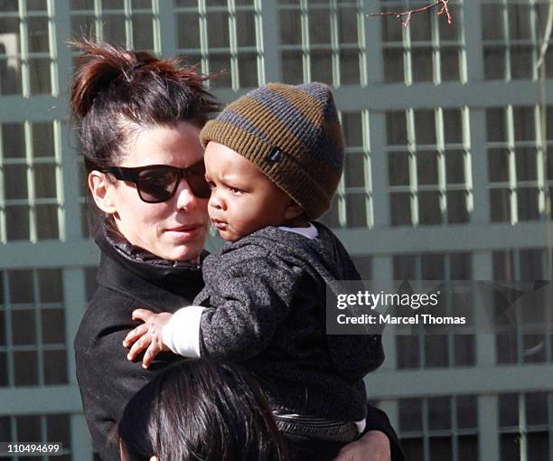 Actress Sandra Bullock and son Louis Bullock are seen on the streets of Manhattan on March 20, 2011 in New York City.