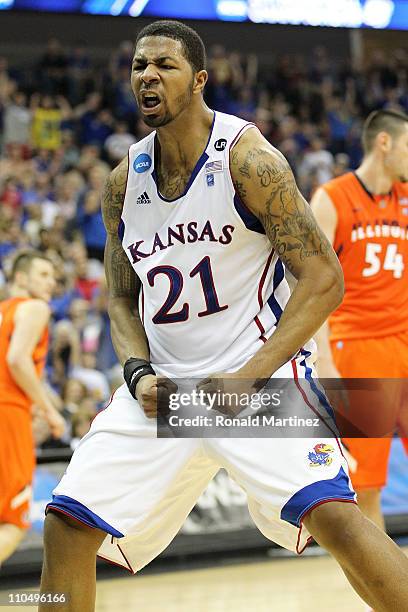 Markieff Morris of the Kansas Jayhawks celebrates after a dunk against the Illinois Fighting Illini during the third round of the 2011 NCAA men's...