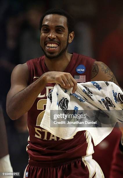 Derwin Kitchen of the Florida State Seminoles smiles after defeating the Notre Dame Fighting Irish during the third round of the 2011 NCAA men's...