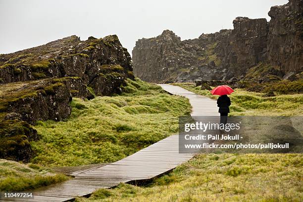 the red umbrella - thingvellir stock pictures, royalty-free photos & images