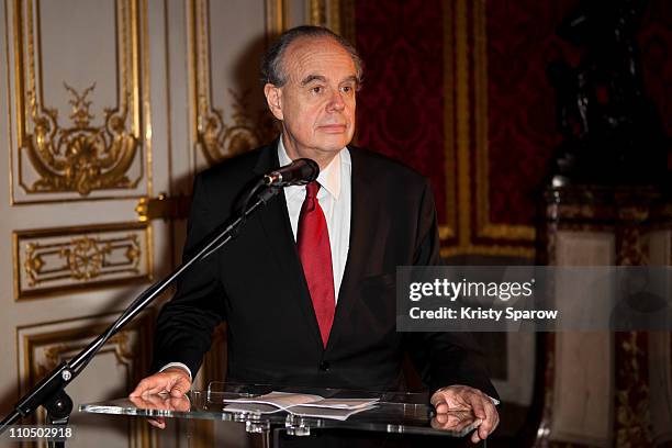 Frederic Mitterrand Minister of French Culture and Communication instates the desk of Marie-Antoinette at Chateau de Versailles on March 21, 2011 in...