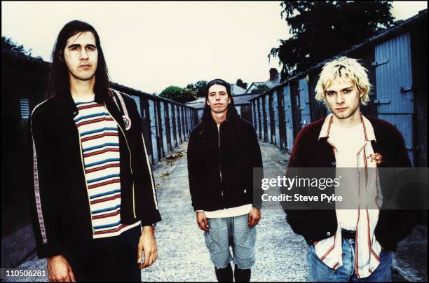 American rock group Nirvana, Belfast, 1992. Left to right: bassist Krist Novoselic, drummer Dave Grohl and guitarist/singer Kurt Cobain .