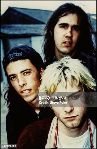 American rock group Nirvana, Belfast, 1992. From front: singer/guitarist Kurt Cobain , drummer Dave Grohl and bassist Krist Novoselic.