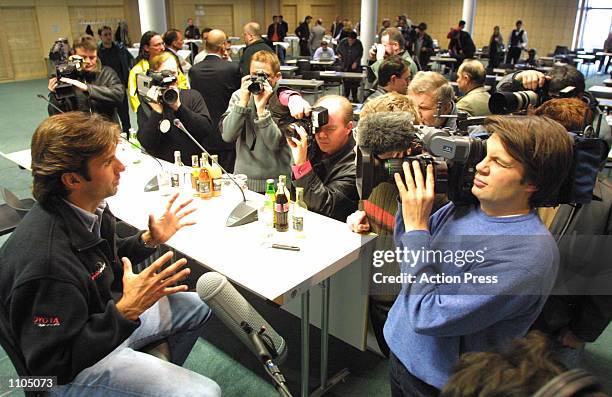 Driver Christian Fittipaldi answers questions during a press conference for the German 500 GP at the EuroSpeedway in Lausitz, Germany. The German 500...