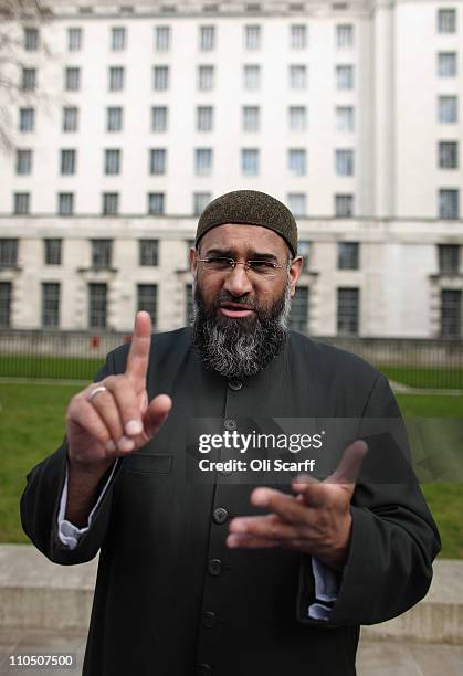 Anjem Choudary speaks at a protest opposite Downing street against the military action taken by the UK, USA and France against Libya on March 21,...