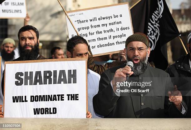 Anjem Choudary speaks at a protest opposite Downing street against the military action taken by the UK, USA and France against Libya on March 21,...