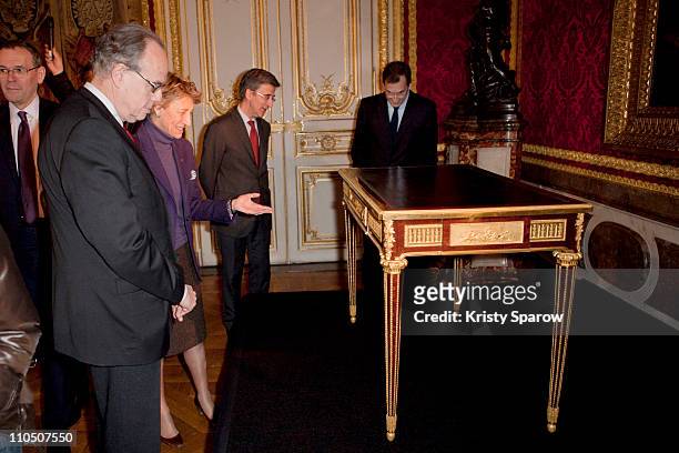 Frederic Mitterrand, Beatrix Saule, Jerome Contamine and Nicolas Bazire instate the desk of Marie-Antoinette at Chateau de Versailles on March 21,...