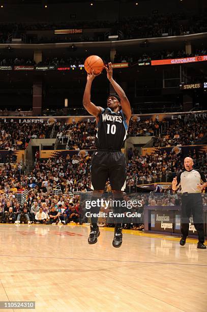Minnesota Timberwolves point guard Jonny Flynn goes for a jump shot during the game against the Los Angeles Lakers at Staples Center on March 18,...
