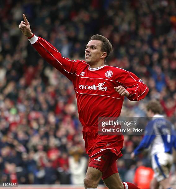 Szilard Nemeth of Middlesbrough celebrates after scoring the second goal during the Middlesbrough v Everton AXA FA Cup Quarter final match at the...