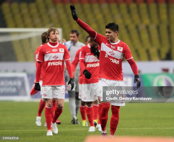 Marcos Rojo of FC Spartak Moscow celebrates his team's 1-0 victory at the close of the Russian Premier League match between FC Spartak Moscow and FC...