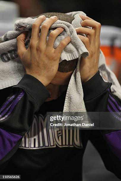 Francisco Garcia of the Sacramento Kings sits on the bench near the end of a game against the Chicago Bulls at the United Center on March 21, 2011 in...