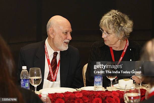 Aziz Ahmad Khan, former Pakistan High Commissioner to India, interacts with feminist writer Germaine Greer during lunch on Day 2 of the India Today...
