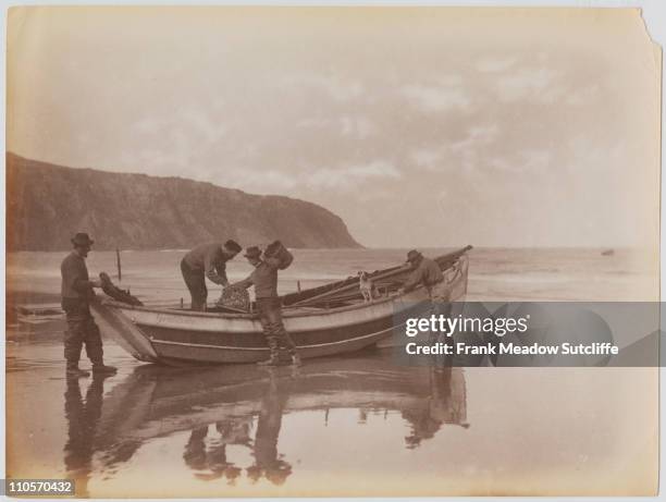 The Storm family of Robin Hood's Bay, Whitby, North Yorkshire, circa 1895. They are Thomas, Reuben, Mathew, Spy the dog and Issac, a farmer who is...