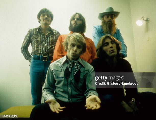 18th NOVEMBER: The Beach Boys posed backstage at Top Of The Pops in London on 18th November 1970. Left to Right back row: Bruce Johnston, Carl...