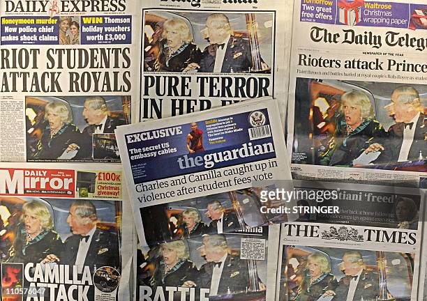 Selection of British daily national newspapers shows December 10 headlines about the attack by protestors on a vehicle containing Prince Charles and...
