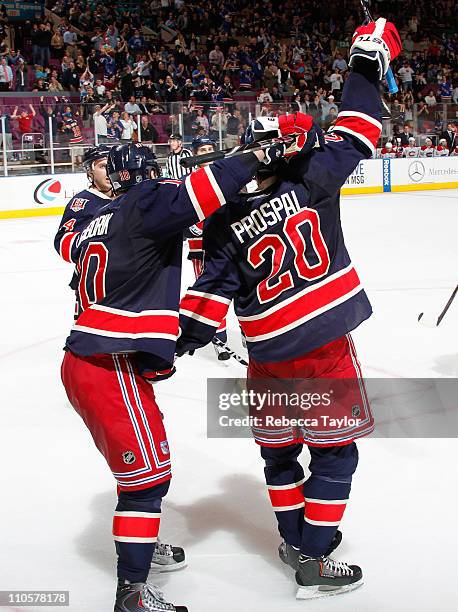 Vinny Prospal and Marian Gaborik of the New York Rangers celebrate a goal against the Montreal Canadiens on March 18, 2011 at Madison Square Garden...