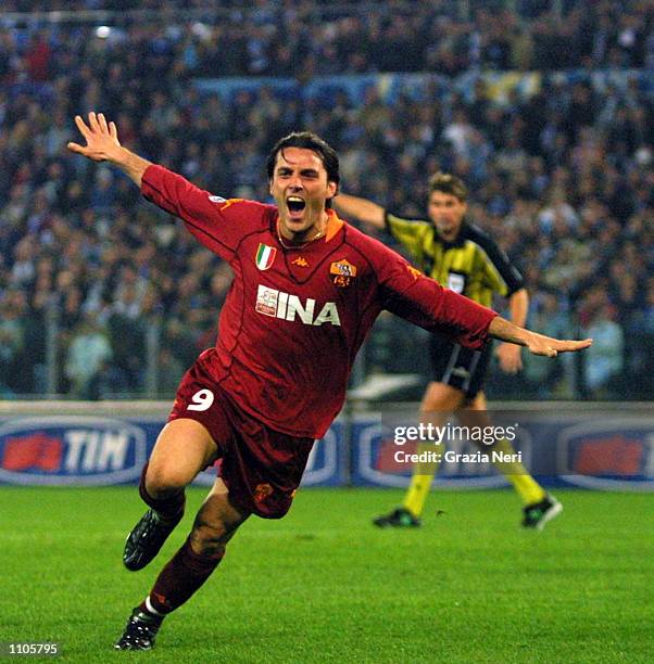 Montella of Roma celebrates his goal during the Serie A 26th Round League match played between Lazio and Roma at the Olympic Stadium in Rome. DIGITAL...