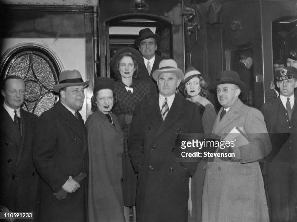 Samuel Goldwyn leaves Waterloo Station in London on the 'Queen Mary' boat train, 20th April 1938. He is going to America to discuss the...