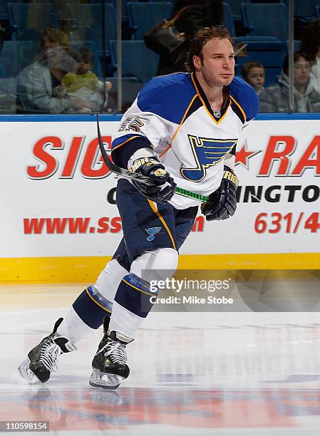 Can Janssen of the St. Louis Blues skates during warm ups prior to their game against the New York Islanders on March 5, 2011 at Nassau Coliseum in...