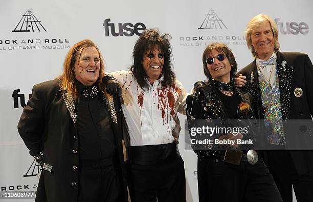 Inductees Michael Bruce, Neal Smith, Alice Cooper and Dennis Dunaway of The Alice Cooper Band attend the 26th annual Rock and Roll Hall of Fame...