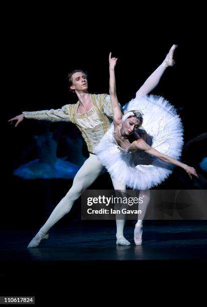 Vadim Muntagirov and Daria Klimentova of the English National Ballet perform during a dress rehearsal of Swan Lake at the London Coliseum on March...