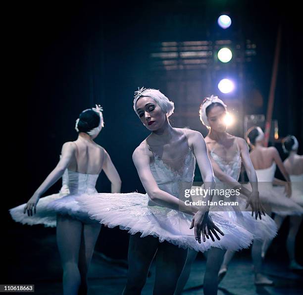 Dancers of the of the English National Ballet perform during a dress rehearsal of Swan Lake at the London Coliseum on March 22, 2011 in London,...