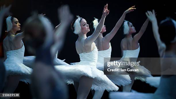 Dancers of the of the English National Ballet perform during a dress rehearsal of Swan Lake at the London Coliseum on March 22, 2011 in London,...