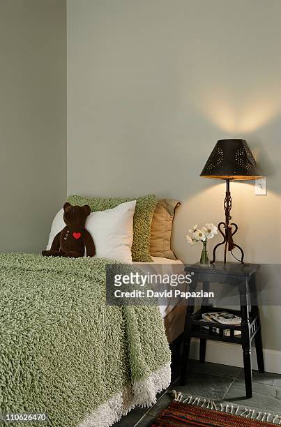 bedroom: bed and nightstand - old stuffed toy stock pictures, royalty-free photos & images