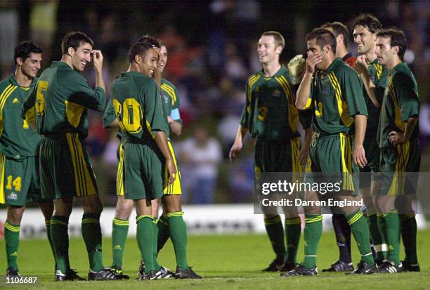 The Socceroos share a joke during their win over American Samoa during the Oceania group one World Cup qualifier match between Australia and American...