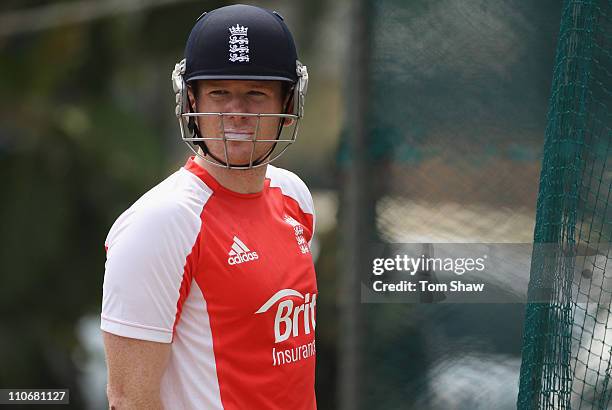 Eoin Morgan of England looks on during the England nets session at the R Premedasa Stadium on March 23, 2011 in Colombo, Sri Lanka.