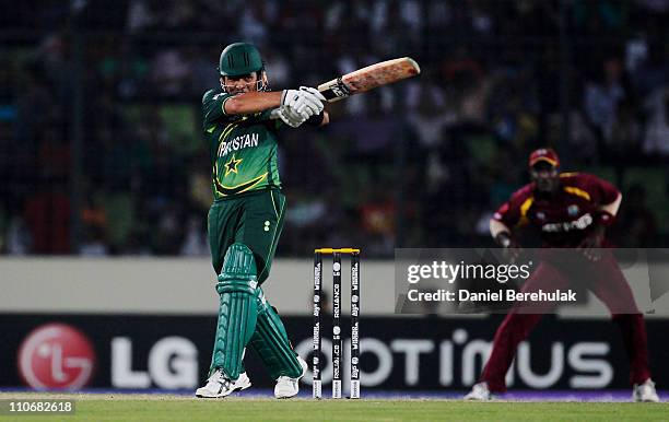 Kamran Akmal of Pakistan bats during the first quarter-final match of the ICC Cricket World Cup between Pakistan and West Indies at Shere-e-Bangla...