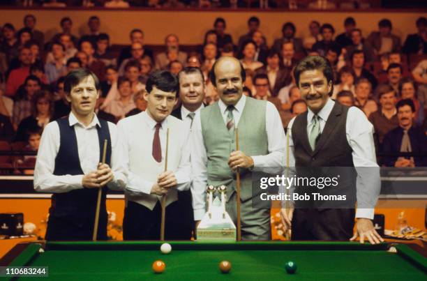 The finalists at the snooker World Doubles Championship at the Derngate Centre, Northampton, December 1984. Left to right: Alex Higgins , Jimmy...