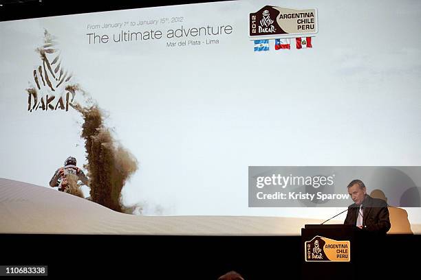 Dakar Director, Etienne Lavigne speaks at the Dakar Rally press conference at Hotel Royal Monceau Raffle on March 23, 2011 in Paris, France.