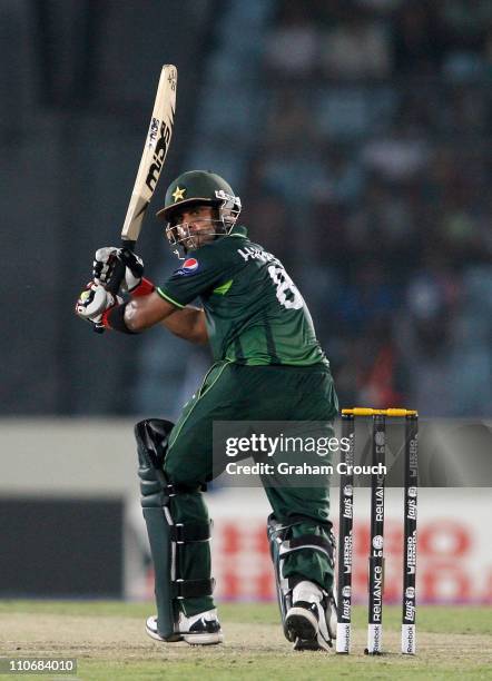 Mohammad Hafeez of Pakistan batting against West Indies during the first quarter-final match of the ICC Cricket World Cup between Pakistan and West...