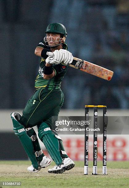 Kamran Akmal of Pakistan batting against West Indies during the first ICC 2011 World Cup quarter final at Shere-e-Bangla National Stadium on March...