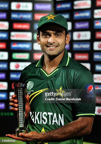 Mohammad Hafeez of Pakistan holds the man of the match trophy during the first quarter-final match of the ICC Cricket World Cup between Pakistan and...