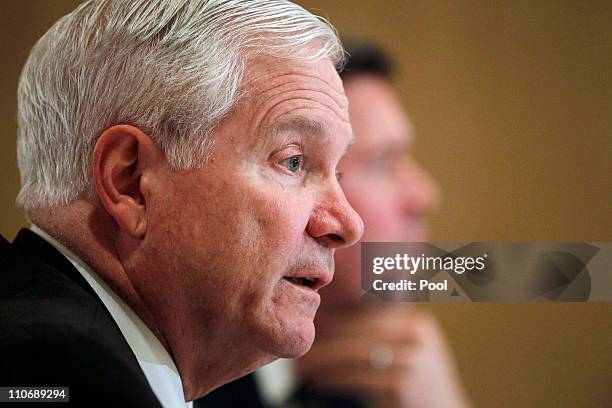 Defense Secretary Robert Gates speaks to reporters March 23, 2011 in Cairo, Egypt. It is Gates' first visit to the country since the stepping down of...