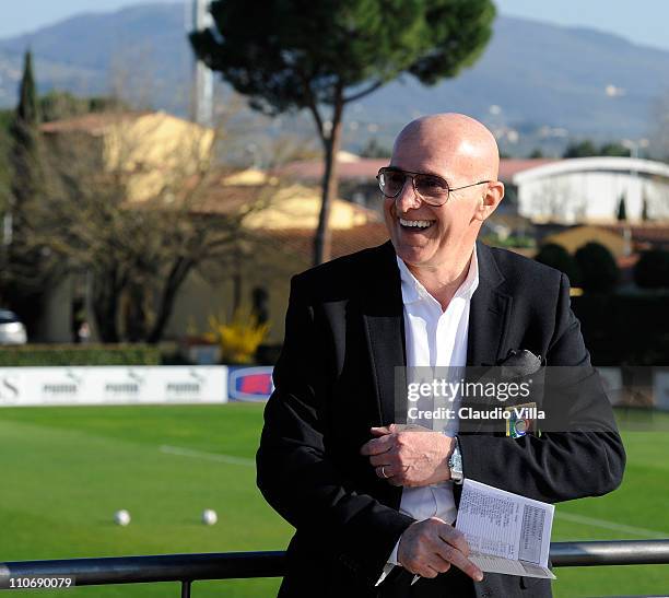 Italian Football Youth Coordinator Arrigo Sacchi during a training session ahead of their EURO 2012 qualifier against Slovenia at Coverciano on March...