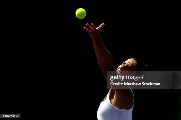 Sara Errani of Italy serves against Yaroslava Shvedova of Kazakhstan during the Sony Ericsson Open at Crandon Park Tennis Center on March 23, 2011 in...