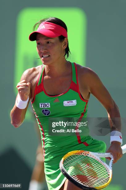 Kimiko Date-Krumm of Japan celebrates after she won match point against Zuzana Ondraskova of during the Sony Ericsson Open at Crandon Park Tennis...