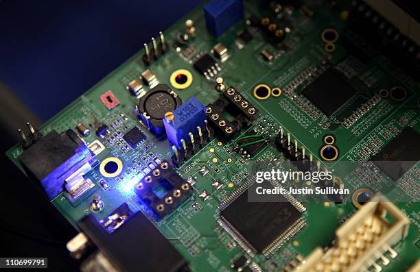 Semiconductors are seen on a circuit board that powers a Samsung video camera at the Samsung MOBILE-ization media and analyst event on March 23, 2011...