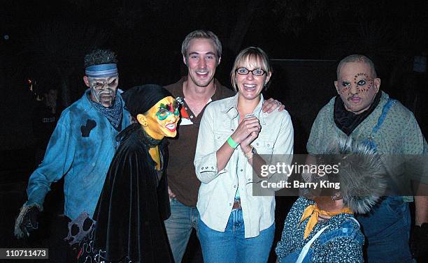 Kyle Lowder, wife Arianne Zuker and mosters during "Days Of Our Lives" Stars Visit Knott's Berry Farms "Halloween Haunt" at Knott's Berry Farm in...