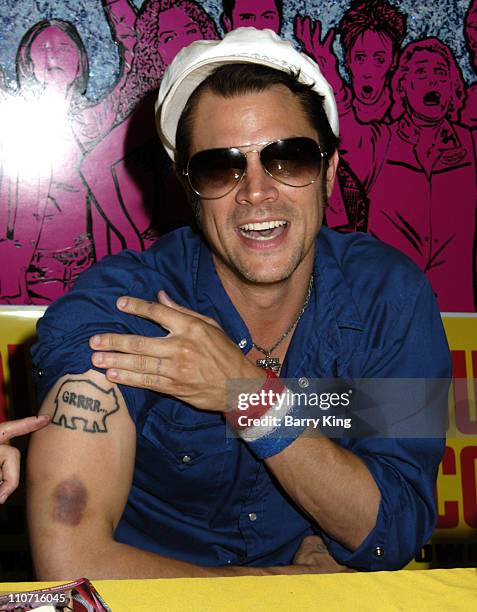 Johnny Knoxville showing his tattoo during John Waters and Johnny Knoxville In-Store DVD Signing for "A Dirty Shame" at Tower Records Sunset - June...