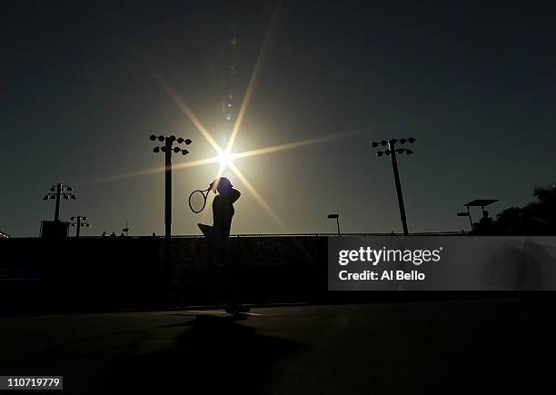 Timea Bacsinszky of Switzerland returns against Vesna Manasieva of Russia during the Sony Ericsson Open at Crandon Park Tennis Center on March 23,...