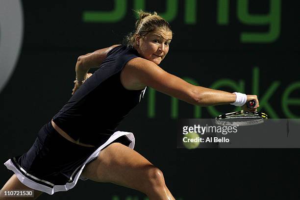 Dinara Safina of Russia returns against Jelena Dokic of Australia during the Sony Ericsson Open at Crandon Park Tennis Center on March 23, 2011 in...