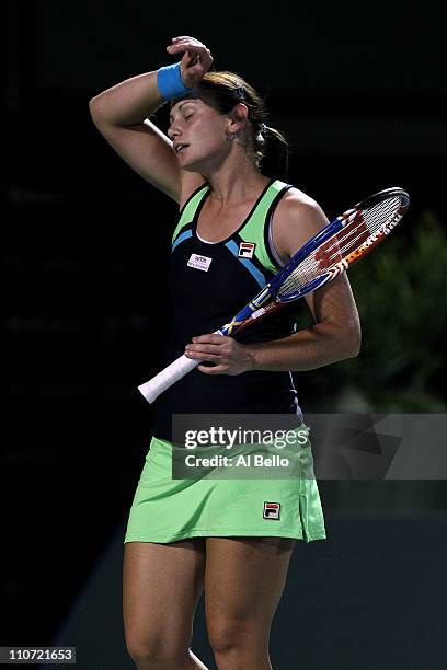 Jelena Dokic of Australia reacts against Dinara Safina of Russia during the Sony Ericsson Open at Crandon Park Tennis Center on March 23, 2011 in Key...