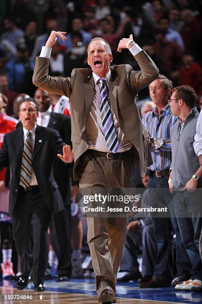 Head coach Doug Collins of the Philadelphia 76ers reacts during the game against the Atlanta Hawks on March 23, 2011 at the Wells Fargo Center in...